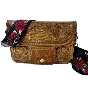 Vintage Hand Tooled Leather Bag Crossbody Altered Cloud Music Strap Monta Allan